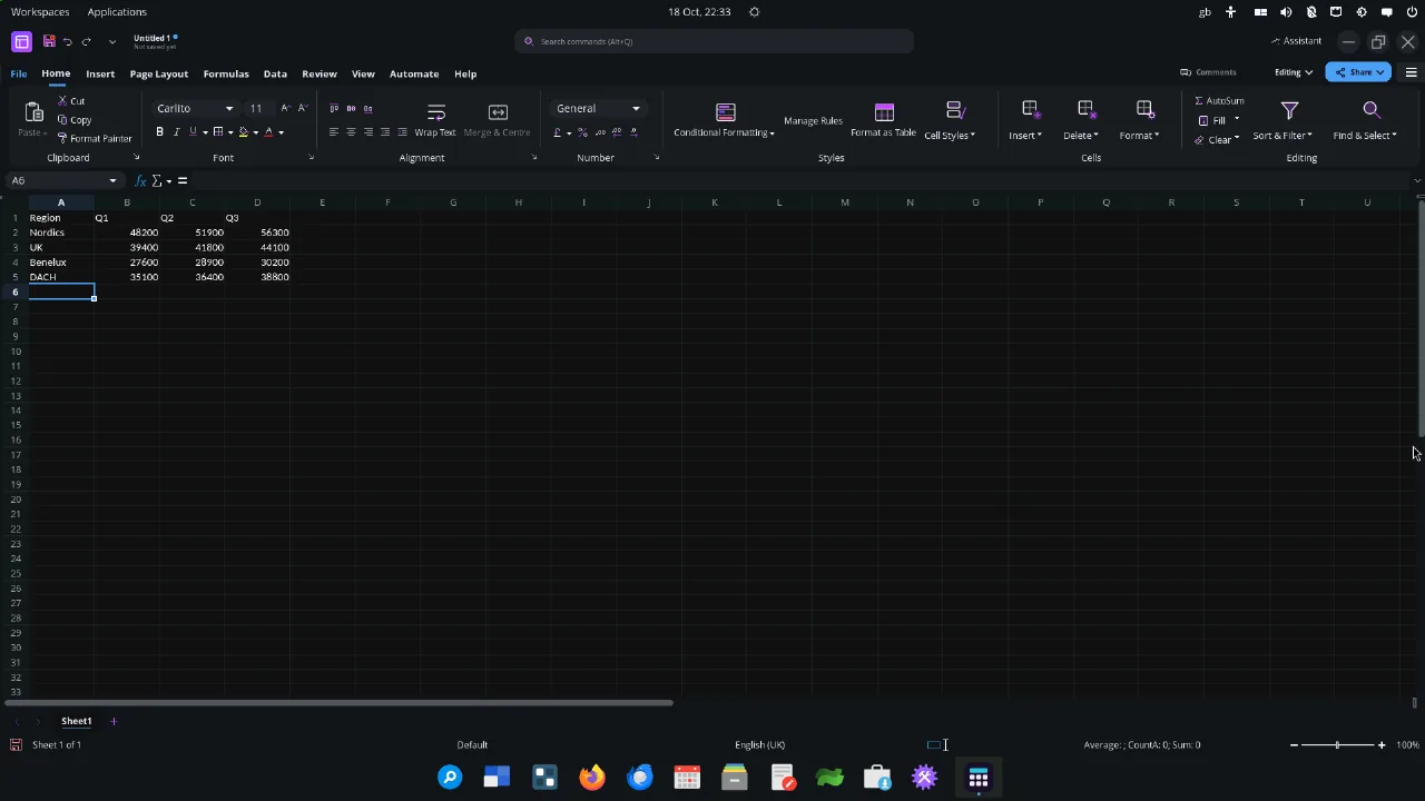 Metricito Office Spreadsheets with its Excel-style ribbon and a small table of quarterly figures