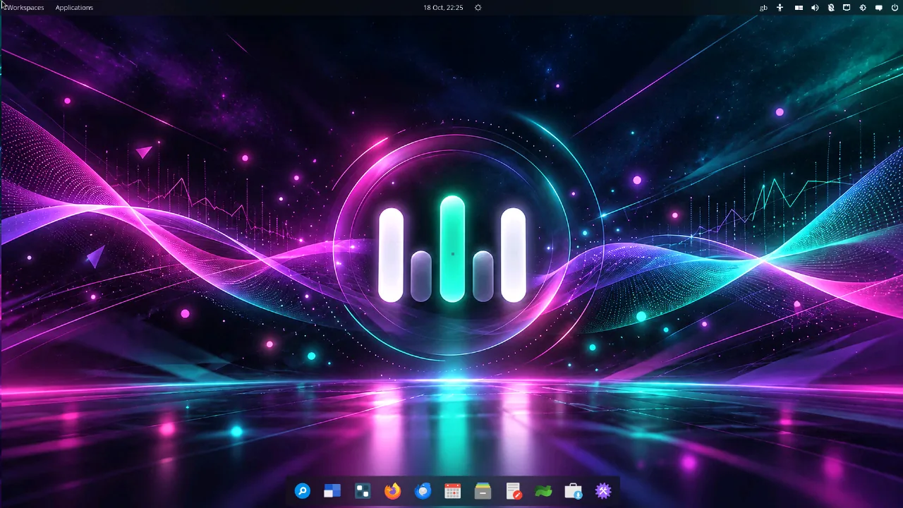 The Metricito OS desktop: the painted waveform wallpaper with the Tick logo, a slim top panel and a frosted dock